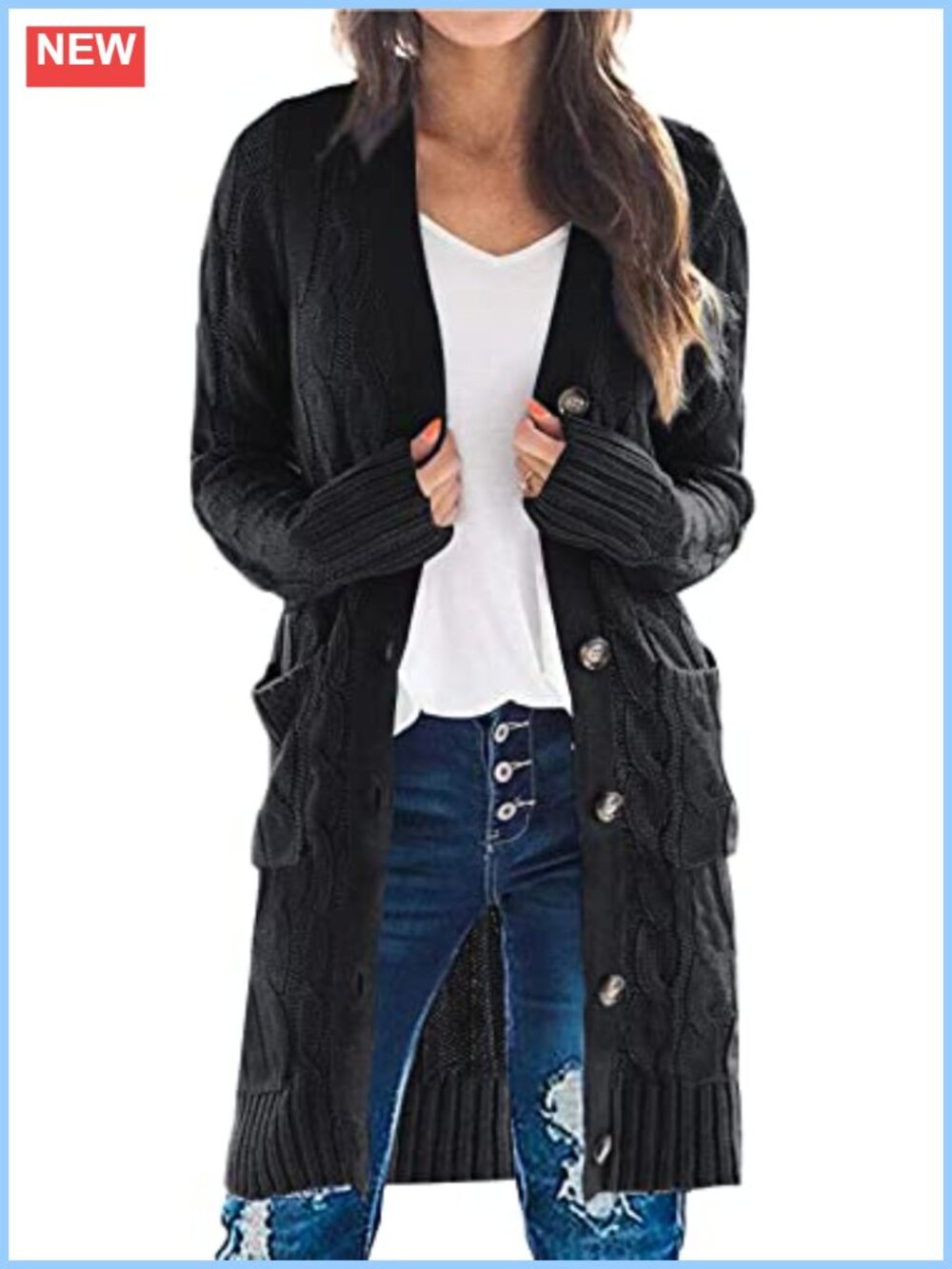 Cable Knit Long Button Cardigan Sweater with Pockets